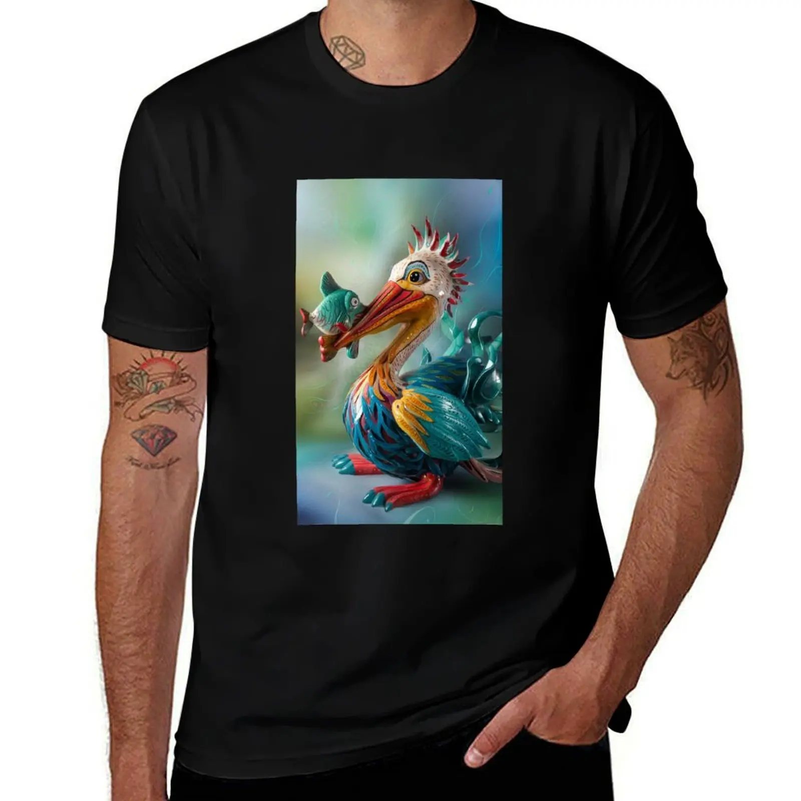 Pelican with Fish in Alebrijes Style T-Shirt Large Size Breathable Tee T-Shirt