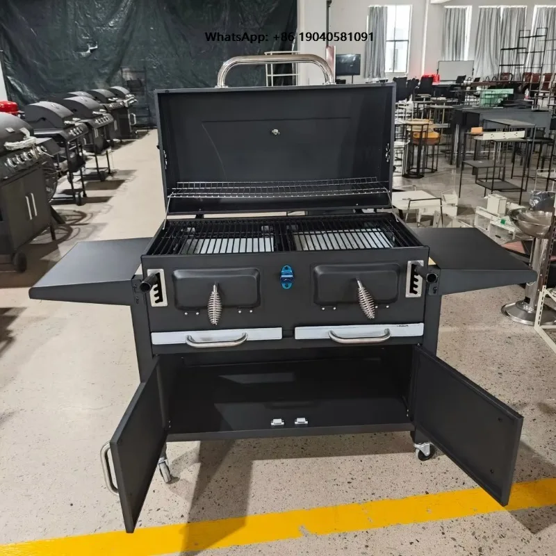 Large Capacity Charcoal BBQ Grill Heavy Duty Cold-rolled Steel Stainless Steel Outdoor Side Shelves Wheels Garden Backyard