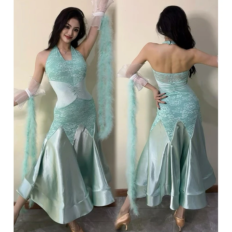 

Платье для соревнований по бальным танцам, женский костюм для вальса, мятно-зеленое кружевное длинное платье, платья для выступлений на сцене, DNV24341