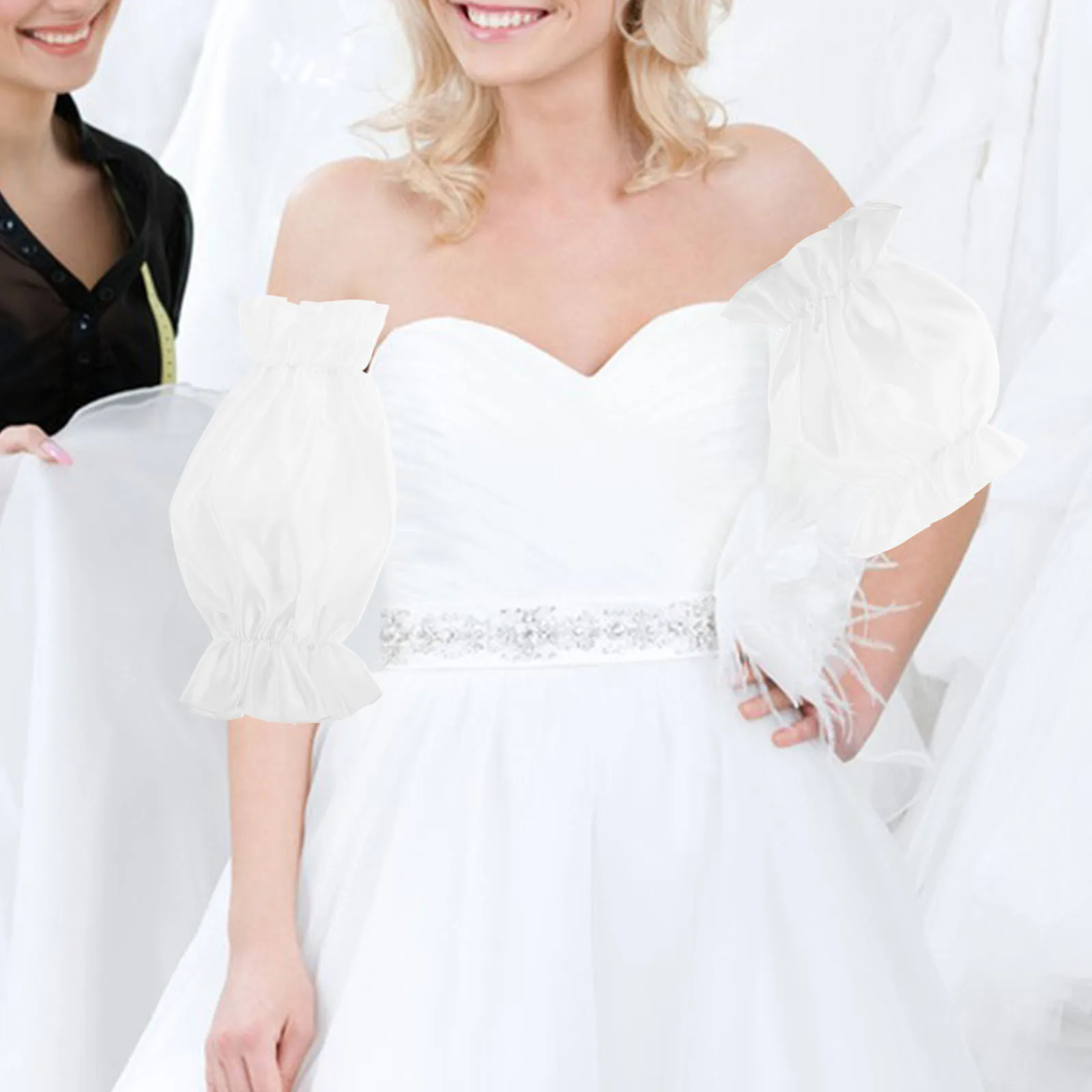 

1Pair White Satin Bridal Gloves Elbow Length Detachable Sleeves Elegant Wedding Long Gloves Banquet Dress Part