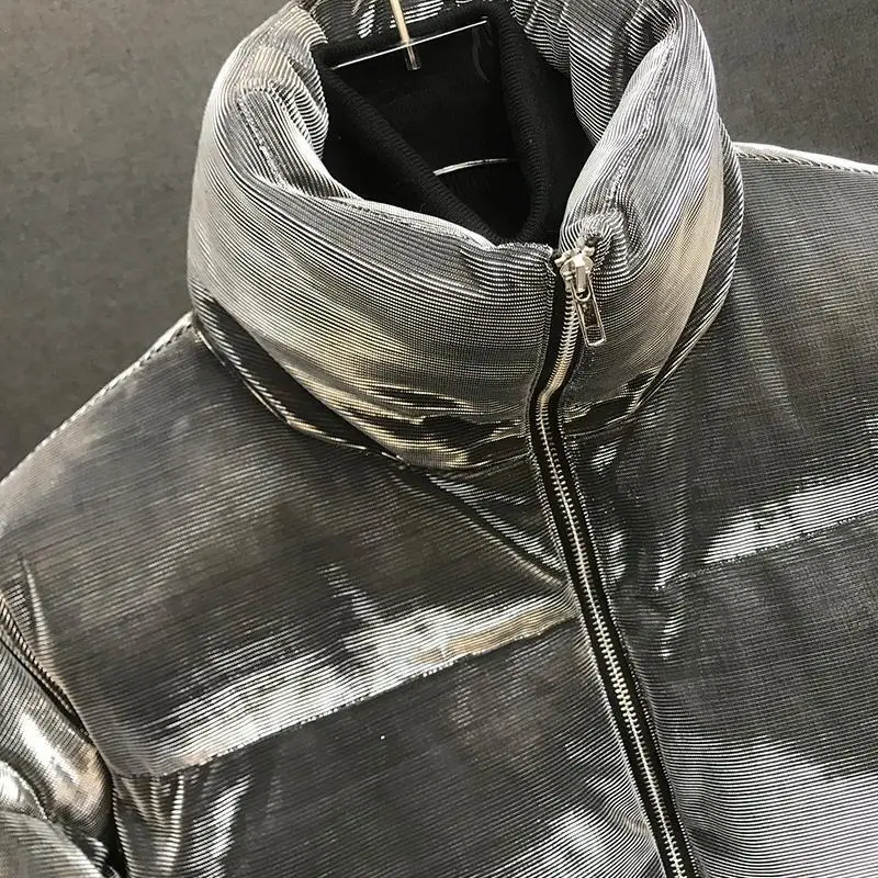 Mens Jacket Harajuku Streetwear Liquid Metal Puffer Coat Thick Warm Loose Fit Stand Collar Winter Padded Casual Fashion Trend - view 6