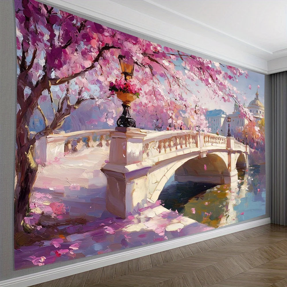 Tapiz con diseño de árbol, flores rosas sobre un puente sobre el río, arte de pared estético de la naturaleza para decoración del hogar y el dormitorio