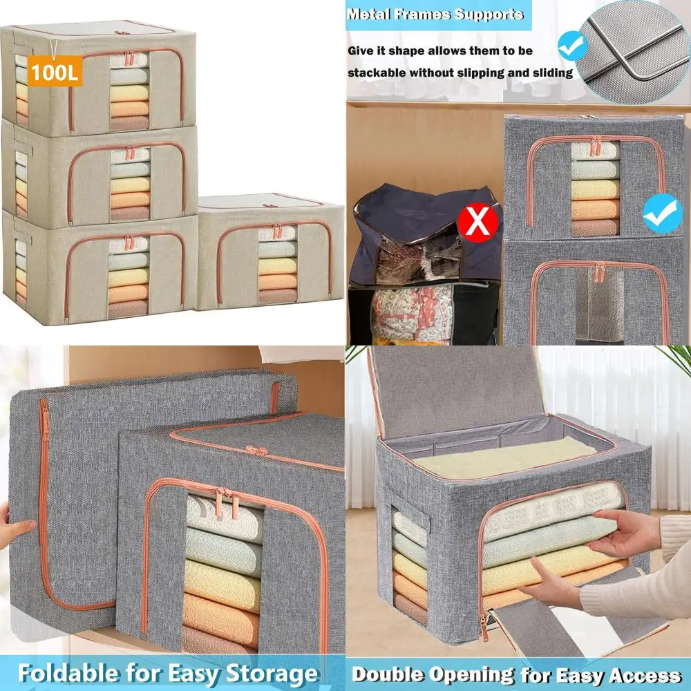 

Stackable 100L Beige Storage Bins with Metal Frame, Foldable Organizers for Seasonal Clothes, Clear Window (4 Pack)