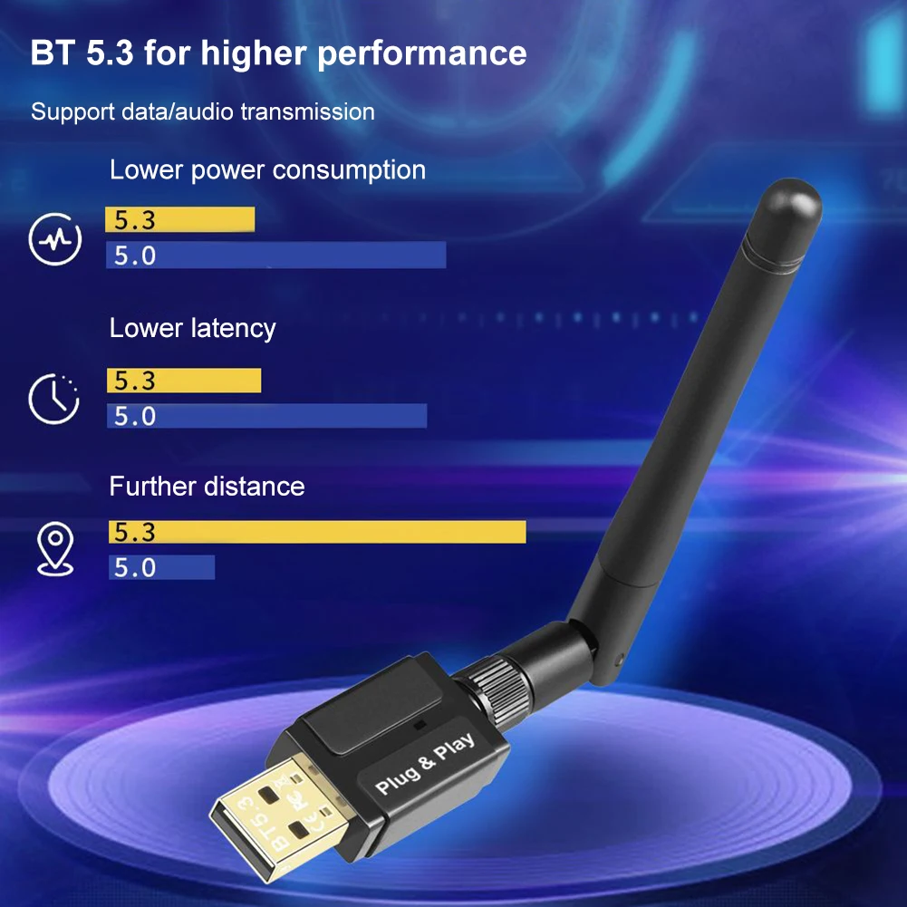 Wireless Adapter 100M Long Range Audio USB Receiver Transmitter 3Mbps Bluetooth 5.3 Dongle for Windows 7/win8.1/win10/11