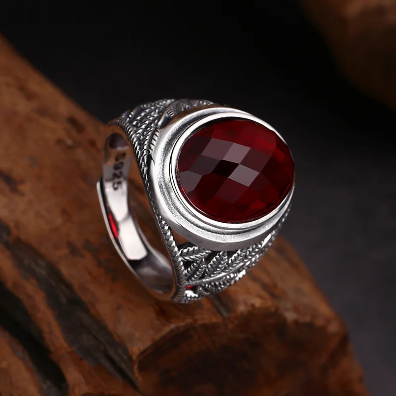 S925 Sterling Silver Red Zircon Adjustable Ring Leaf Punk Style Hip Old Process Free Size Fine Jewelry FYRNG112