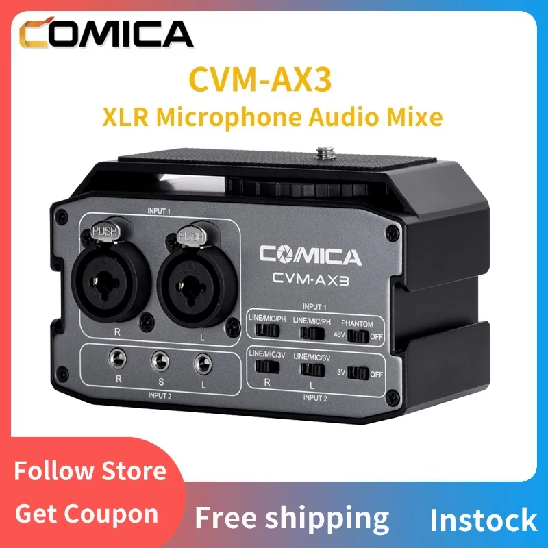 Comica CVM-AX3 XLR Microphone Audio Mixer, With Real-time Monitoring Dual XLR/3.5mm/6.35mm Port Camera Preamp For DSLR Camera