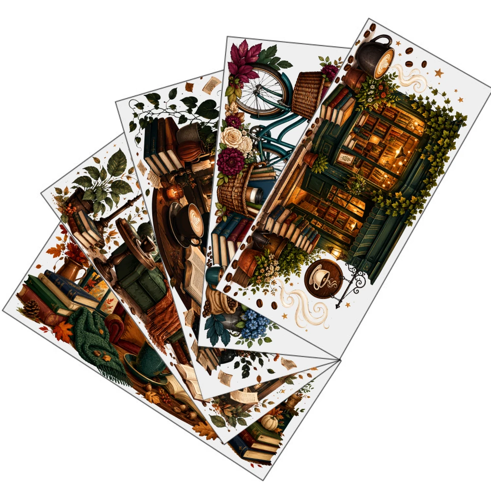 5 Sheets Cozy Autumn Library UV DTF Stickers Plastic Self-Adhesive Labels Glass DTF Transfer Stickers Waterproof Rub on