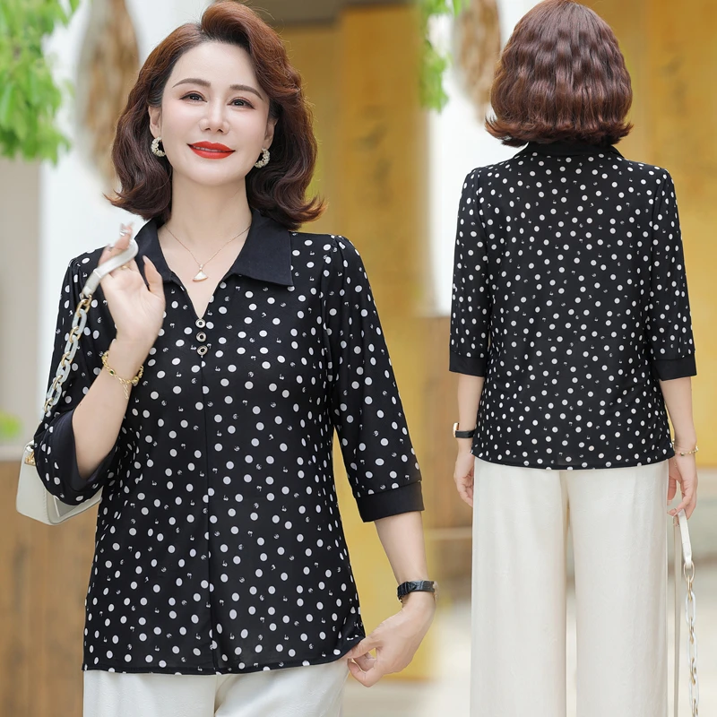 بلوزة نسائية في منتصف العمر صيفية جديدة غير رسمية على الموضة للأم ثلاثة أرباع الأكمام قميص مطبوع سترة Blusa الأنثوية