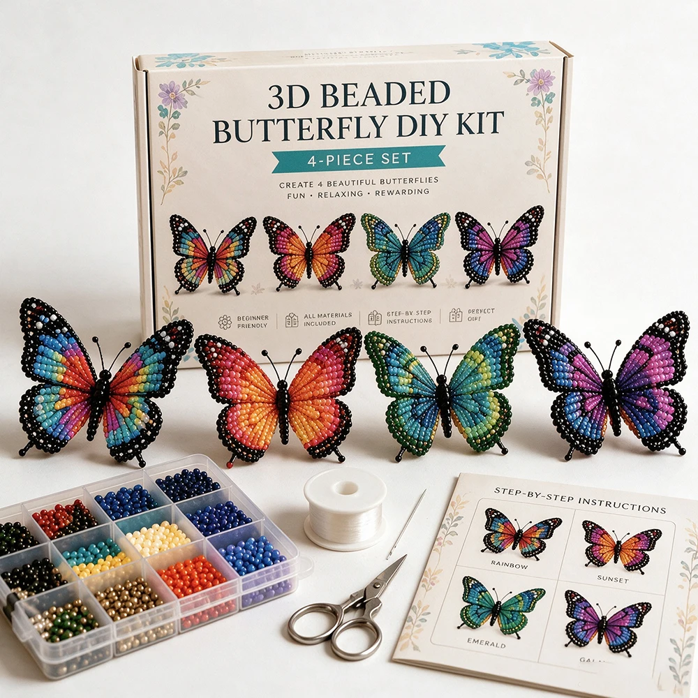 Image of 3D-Schmetterlings-Bastelset mit Perlen, zum Selbermachen von 4 Schmetterlingen, komplettes Perlensortiment, handgefertigtes Ornament-Geschenk für Anfänger