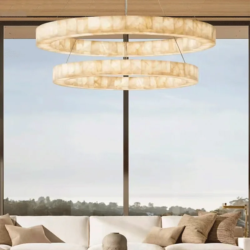 

2025 New Designer Spanish Imported Marble Chandelier Brass Round Rectangle Pendant Lamp Adjustable Ceiling Luster Living Room