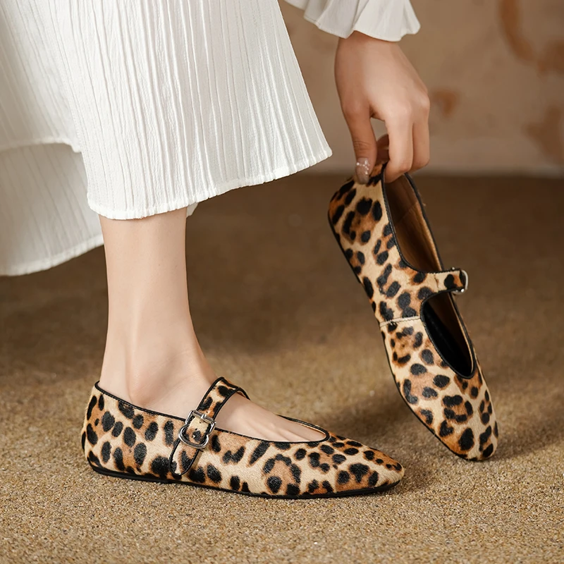 

Fashion Genuine Leather Round Toe Horsehair Mary Jane Casual Women Flats Shoes Leopard Dress Shoes