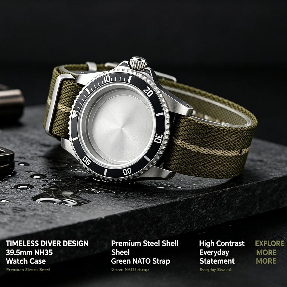 watch case 39.5mm NH35 Retro Diver Watch Case Stainless Steel Shell Green nylon Strap Fit NH35 NH36 Mod Watch Parts