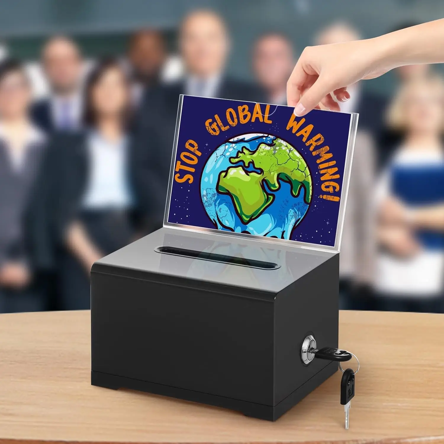 Acrylic Donation Box with Lock, Black Ballot Box with Sign Holder, Suggestion Box for Fundraising, Donations, Bar, School Voting
