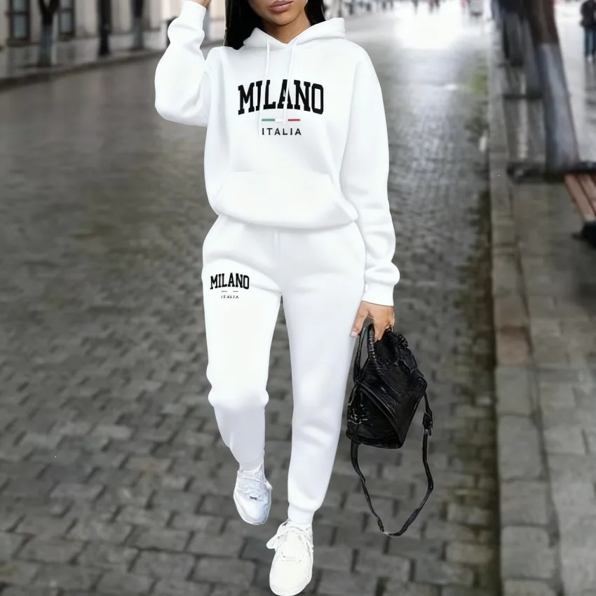 2027 Autumn Winter Women Sets 2pcs Hoodies Pants Suit Sports Outfits 2027 MILANO Letter Print Aesthetic Clothes Ladies Tracksuit