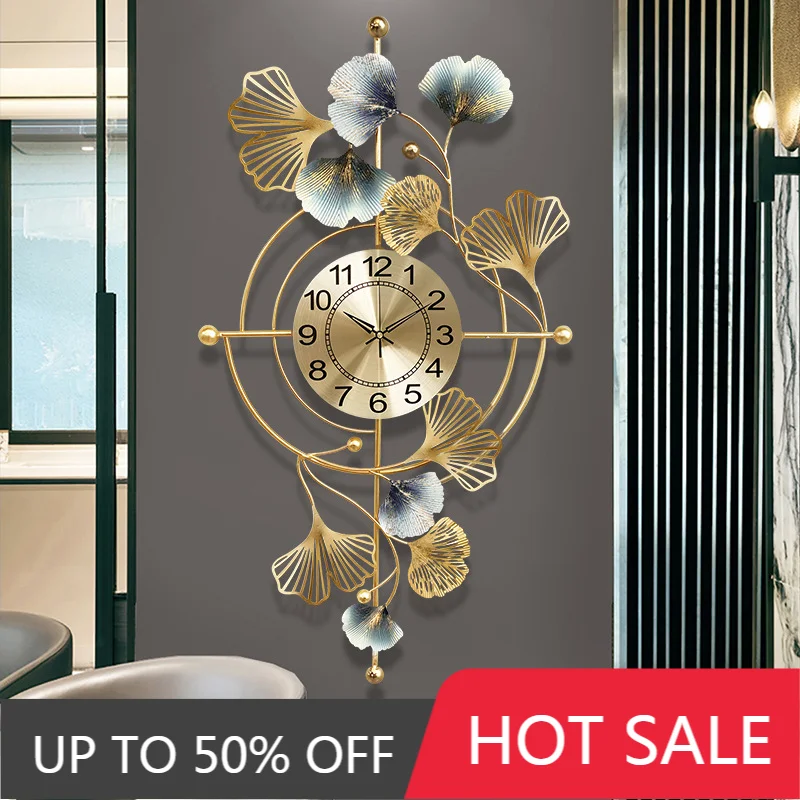 Metal Big Size Ginkgo Leaf Wall Clock Home Hotel Wall Decoration Living Room Light Luxury Wall Watch Mute Sweep Number Clock
