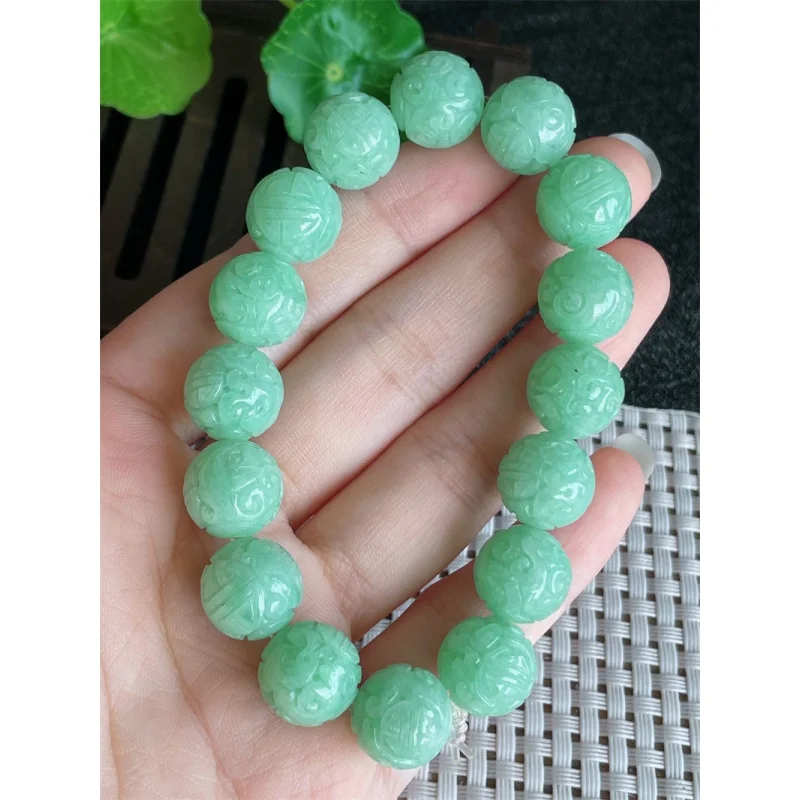 

Myanmar Natural a Jade Bracelet Bead Ice-like Full Green Carved round Beads 16 Pieces 53.14G