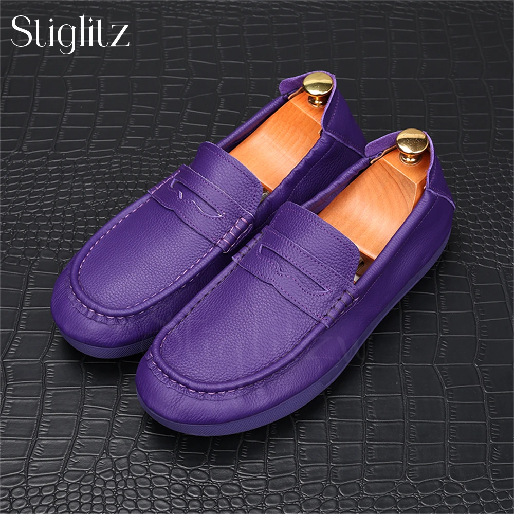 

Purple Genuine Leather Loafers Soft Leather Comfortable Men's Shoes Fashion Style Slip-On Shoes Round Toe Flat Shoes New Arrival