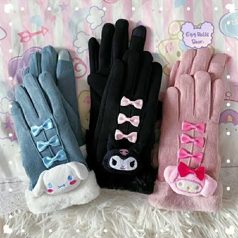 

Sanrio Autumn Winter New Gloves Kuromi Cinnamoroll Chamois Five Finger Touch Screen Ride with Plush for Warmth Windproof Gloves