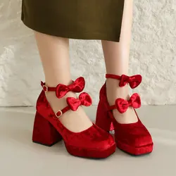 Velour Velvet Square Toe Grey Olive Red Sweet Lovely Lolita Girl Shoes Chunky High Heels Women Mary Janes Pumps With Bowtie Knot