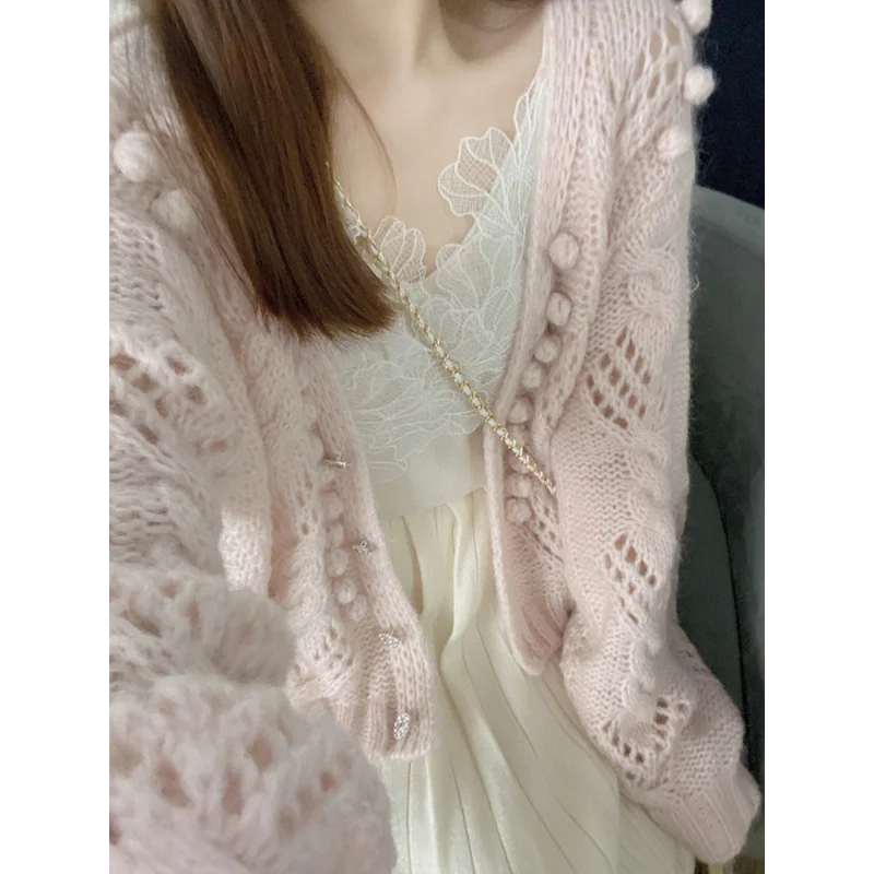 Sweater Coat Cardigan Milk Department Wear Pink Hollow Mohair Women Spring and Autumn Lazy Wind Tops Soft Knitwear