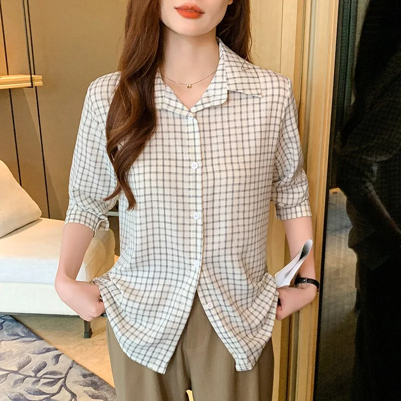 

Fall 2025 New Plaid Chiffon Long Sleeve Shirt Women's French Fashion Teen Top Grid Pattern Elegant Female Blouse