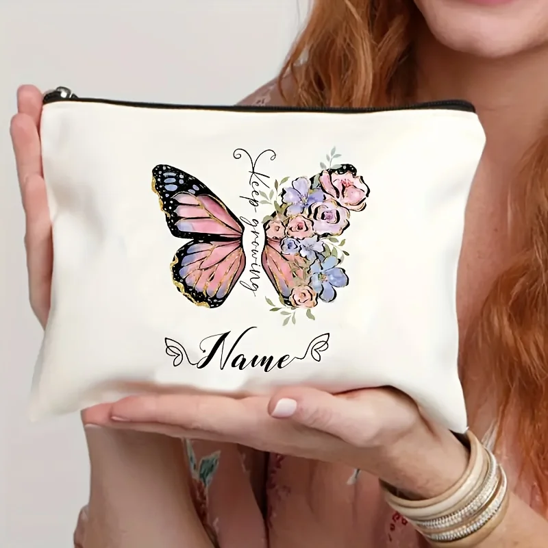 1pc Customizable Name Personalized Butterfly Pattern Makeup Bag, - Polyester Zipper Cosmetic Bag, Non- Toiletries Storage Bag -