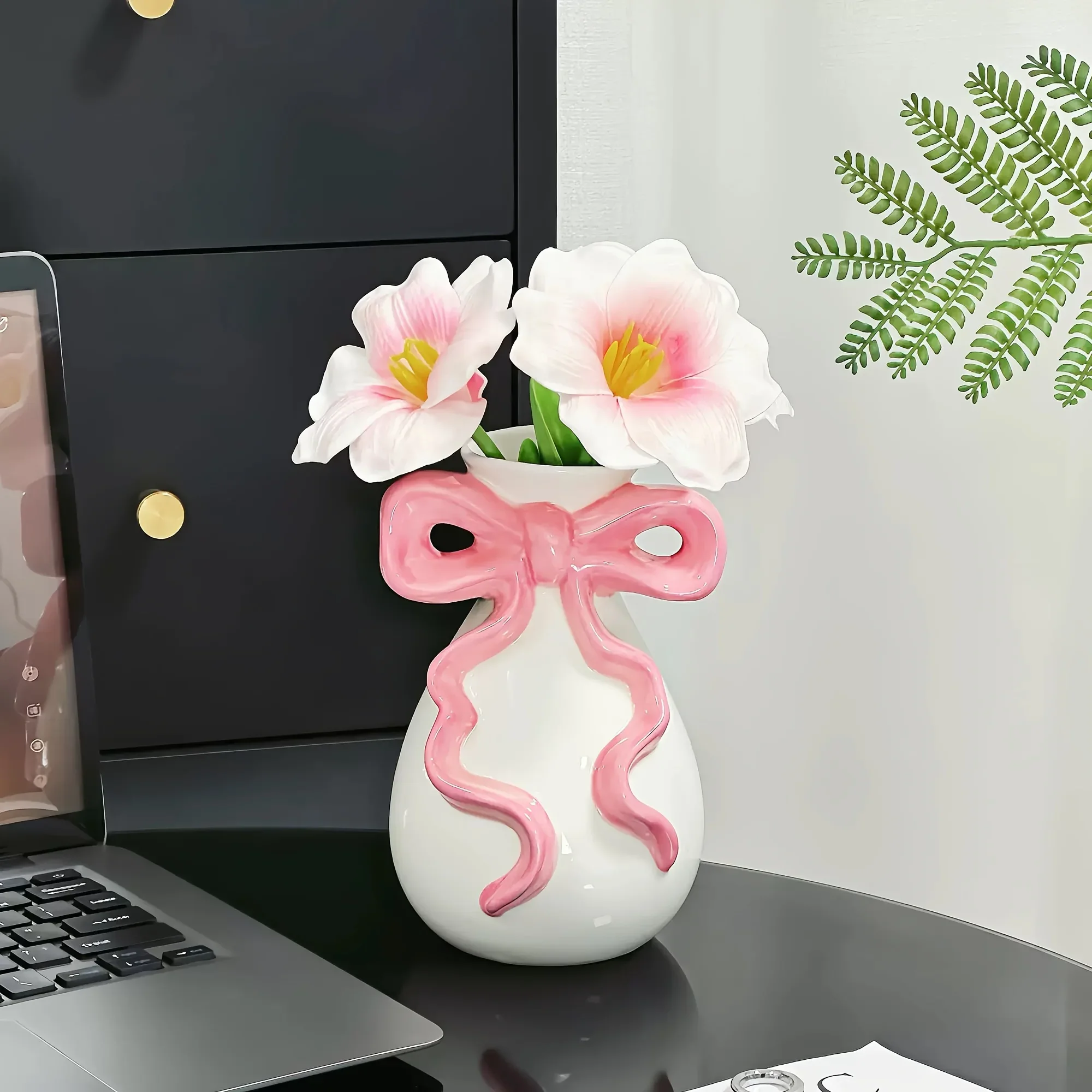 Bohemian Ceramic Vase Colorful Cylinder Vase with Bow Decoration for Table Centerpiece Handmade Home Garden Decor Vibrant Gift
