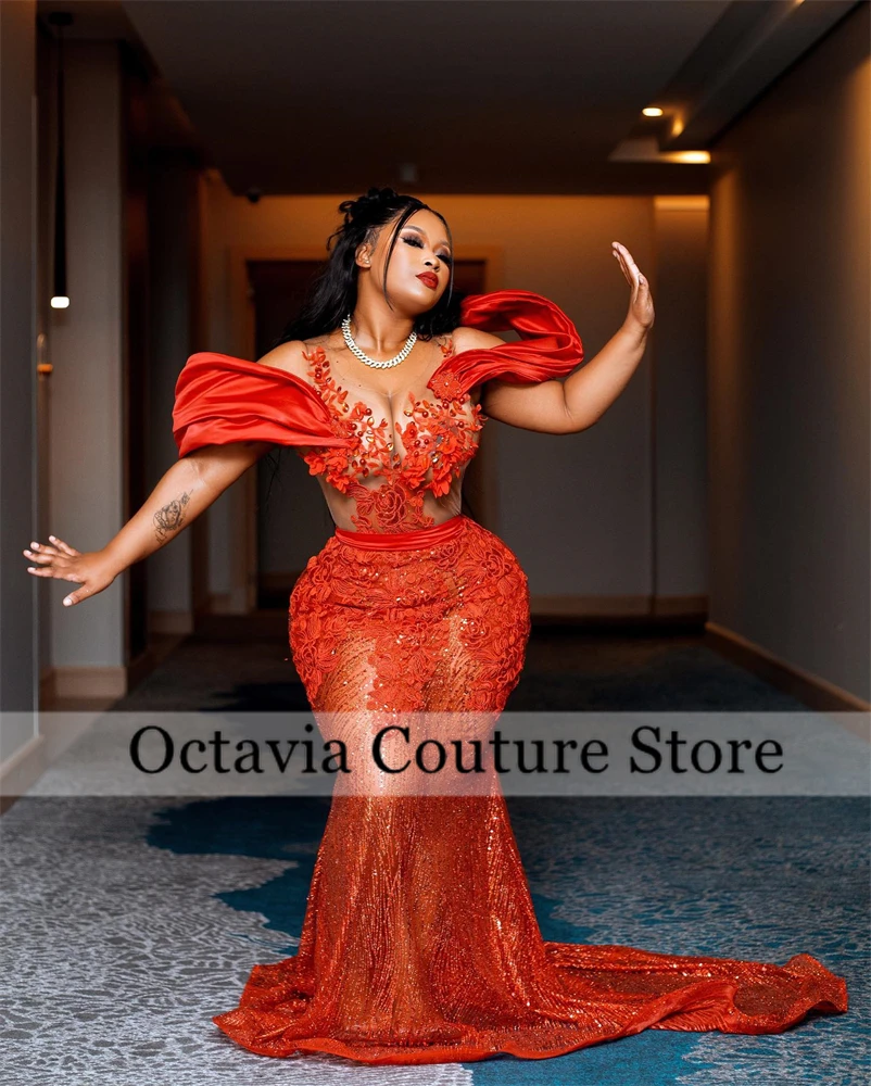 Vestidos de Noche Aso Ebi con apliques de cuentas rojas para chica negra, vestido elegante con cuello redondo para mujer, vestido de fiesta personalizado