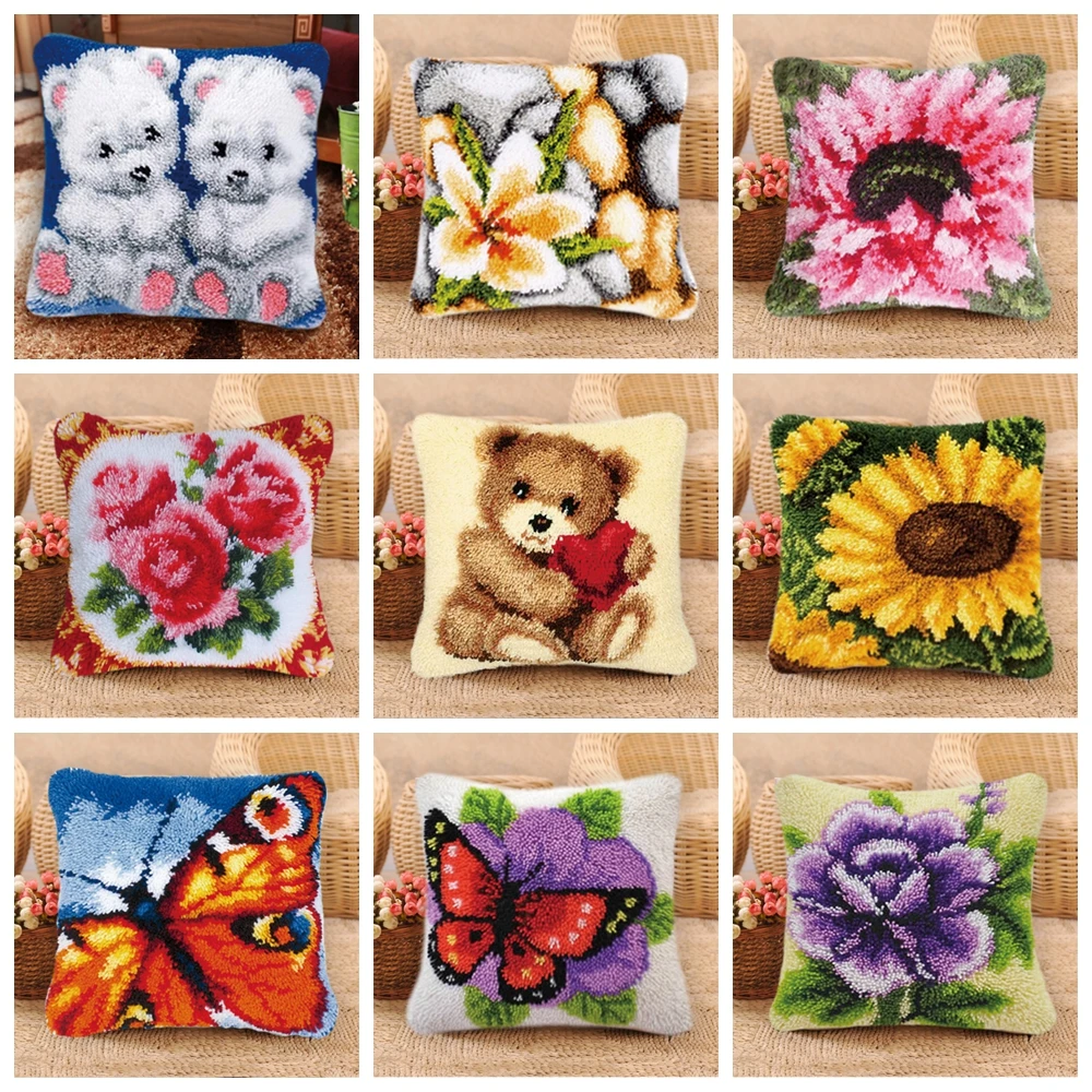 DIY Decorative Animal Latch Hook Pillow Knooppakket Smyrna Klink Haak Kleed Bloemen Cross Stitch Pillows Cushion Button Package