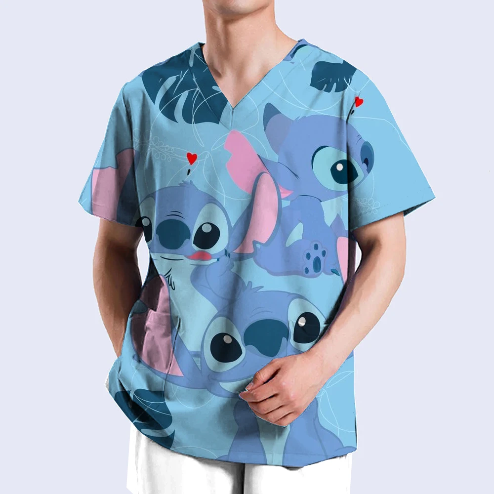 Nurse Uniform Neutral Love Color Disney Stitch Printed Top Uniform Short Sleeve Pocket Medical Men Nurse Uniform Cute Top