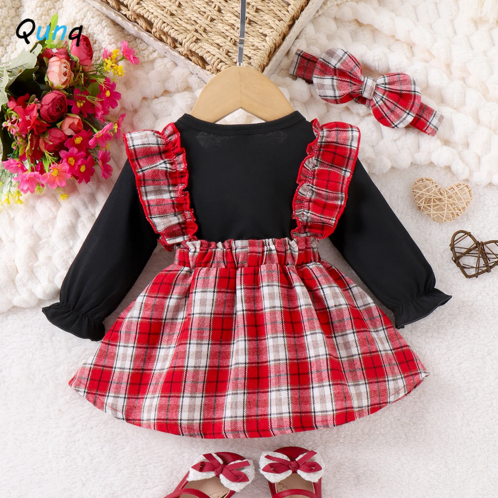 Qunq 2023 Autumn Baby Girls Print Long Sleeve Top + Bow Splice Suspenders Puffy Skirt 2 Pieces Set Casual Kids Clothes Age 0-2T