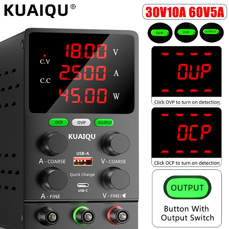 

Лабораторный источник питания KUAIQU OCP DC 12В/24В/48В с регулировкой, настольный, с защитой от перенапряжения, выходной переключатель, быстрая зарядка USB