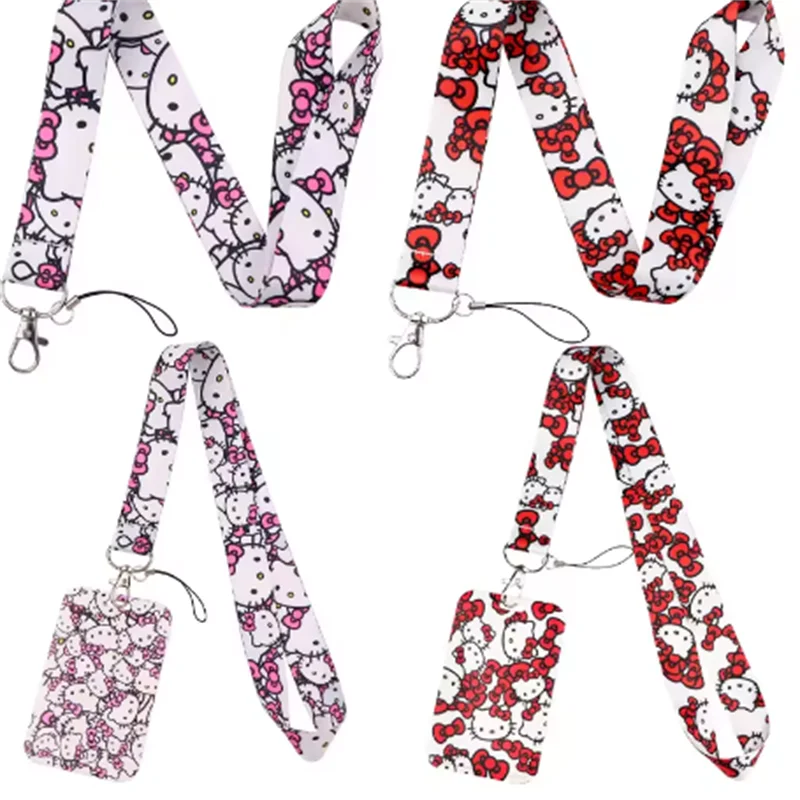 Sanrio Hello Kitty cute little cat PVC card set  student cartoon campus neck bag card hanging rope ID card set keychain