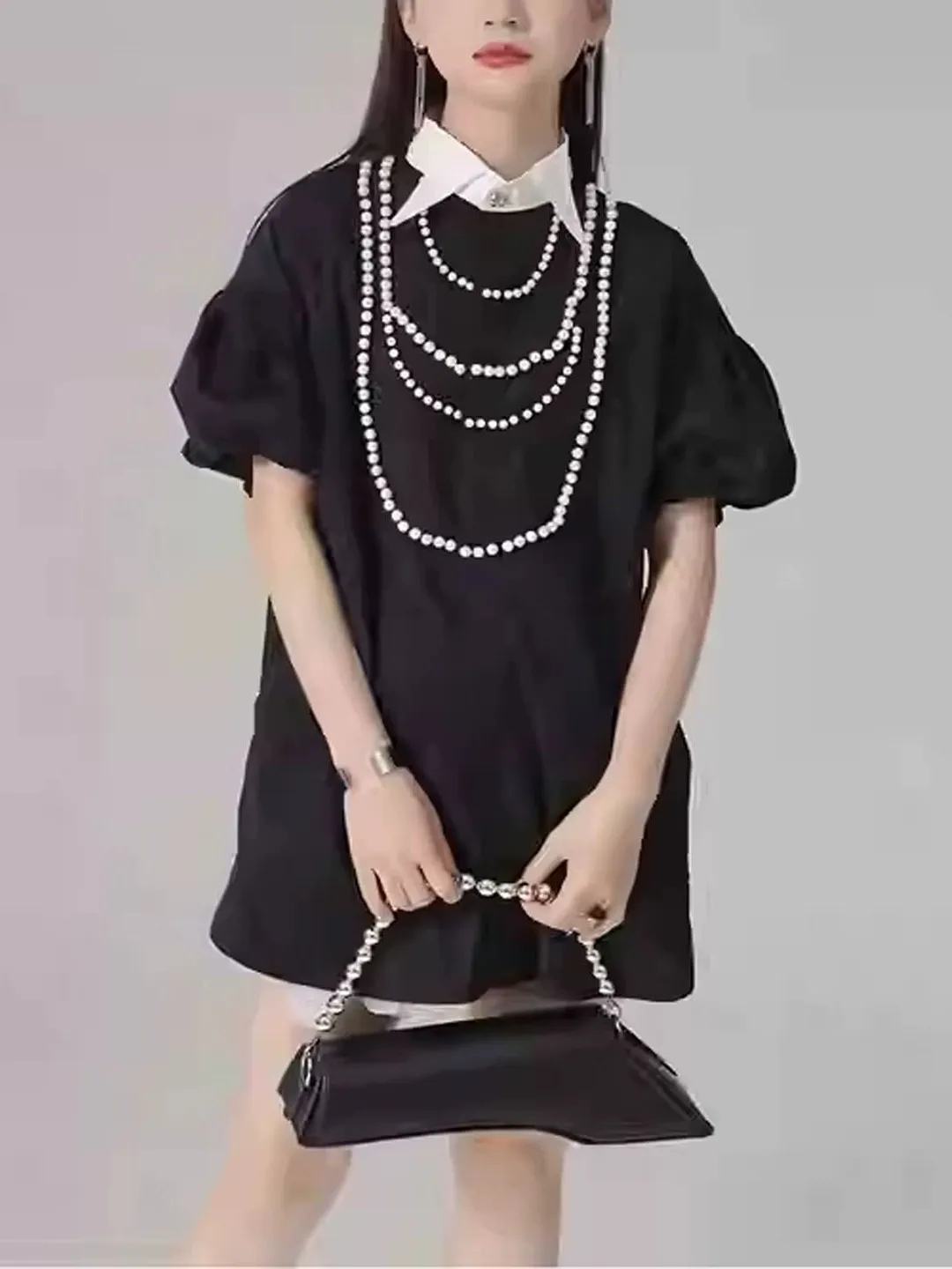 

Summer Lazy Style Long Pearl Necklace Heavy Work Loose Large Version Shirt Meat Conceal Slimming Fashionable Women's Blouse