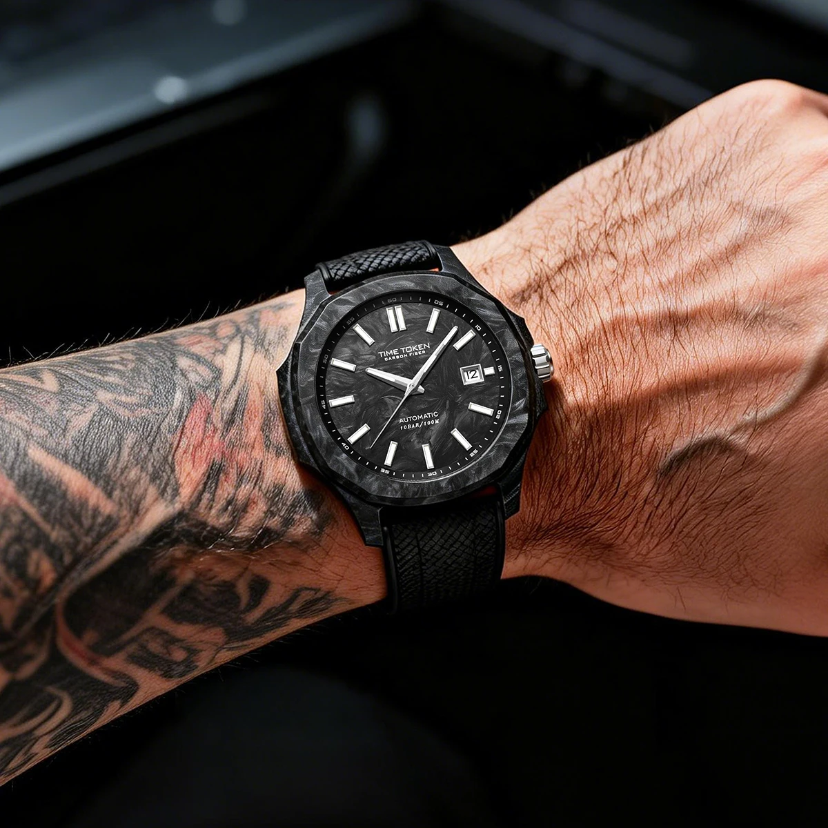 TIMETOKEN 43MM Men's Sports Watch 100M Waterproof Carbon Fiber Automatic Watch Black Rubber Strap Luxury Wristwatch reloj T586