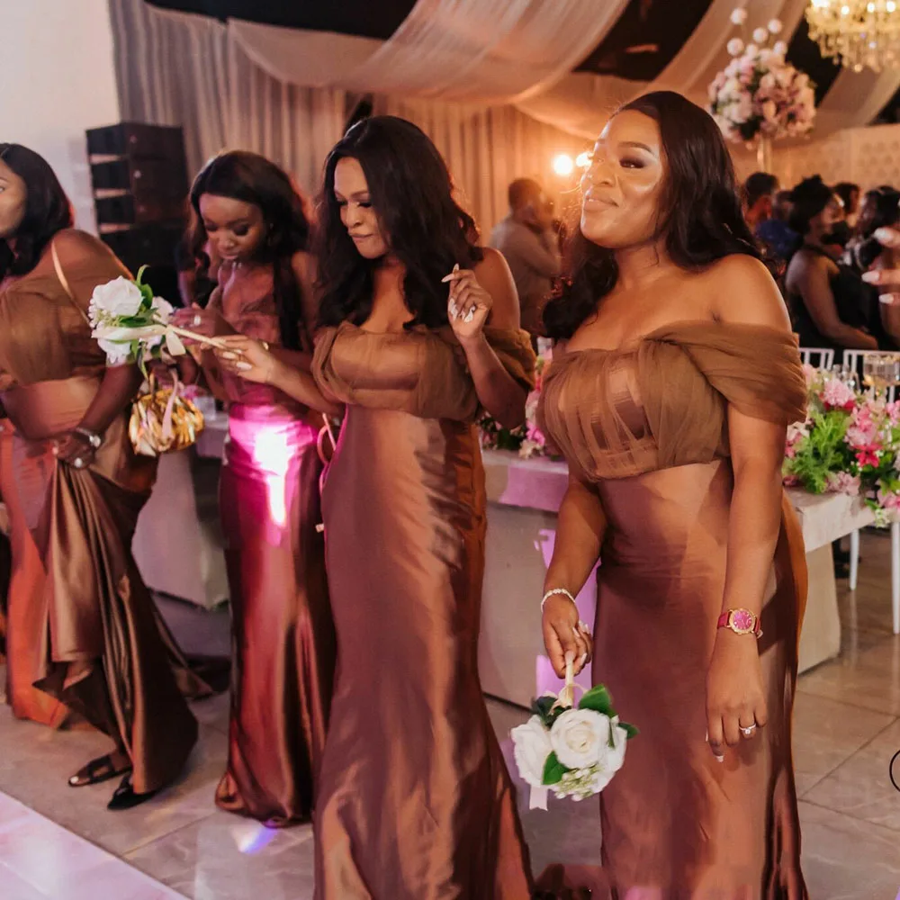 

Mermaid Bridesmaid Dresses Off Shoulder Zipper Sweep Train Summer Women Wedding Guest Gowns Elastic Satin Maid of Honor Dress