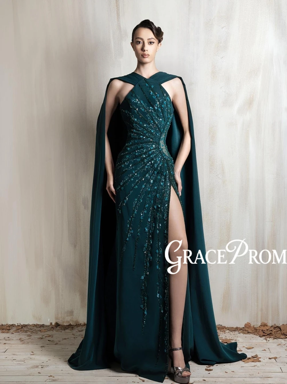 

2026 Halter Beaded Evening Dress With Long Flowy Cape Dainty Charming Side Slit Customized Prom Gown Fashionable Banquet Galas