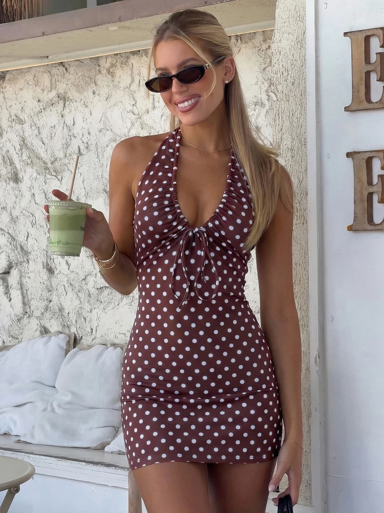 

Dulzura Polka Dot V-Neck Backless Lace Up Shirring Slim Mini Dress Women'S Vintage Sexy Halter Dress Vacation Club Summer Outfit