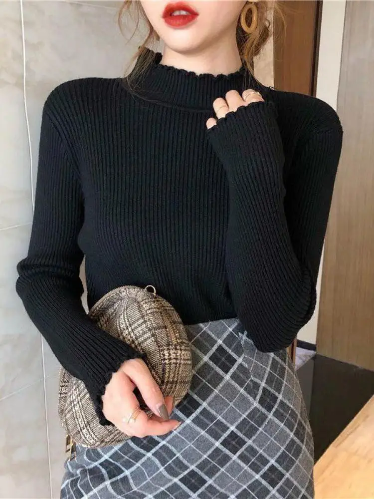 Bacis Sweater Women\'s Mock Neck Pullover Sweater 2024 Autumn Winter New Solid Color Outer Wear All-Match Bottom Top