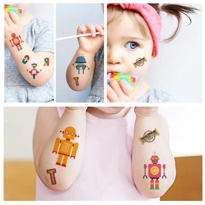 10 Children\'s Tattoo Stickers Robot Little Boy Face Arm Temporary Cartoon Disposable Stickers