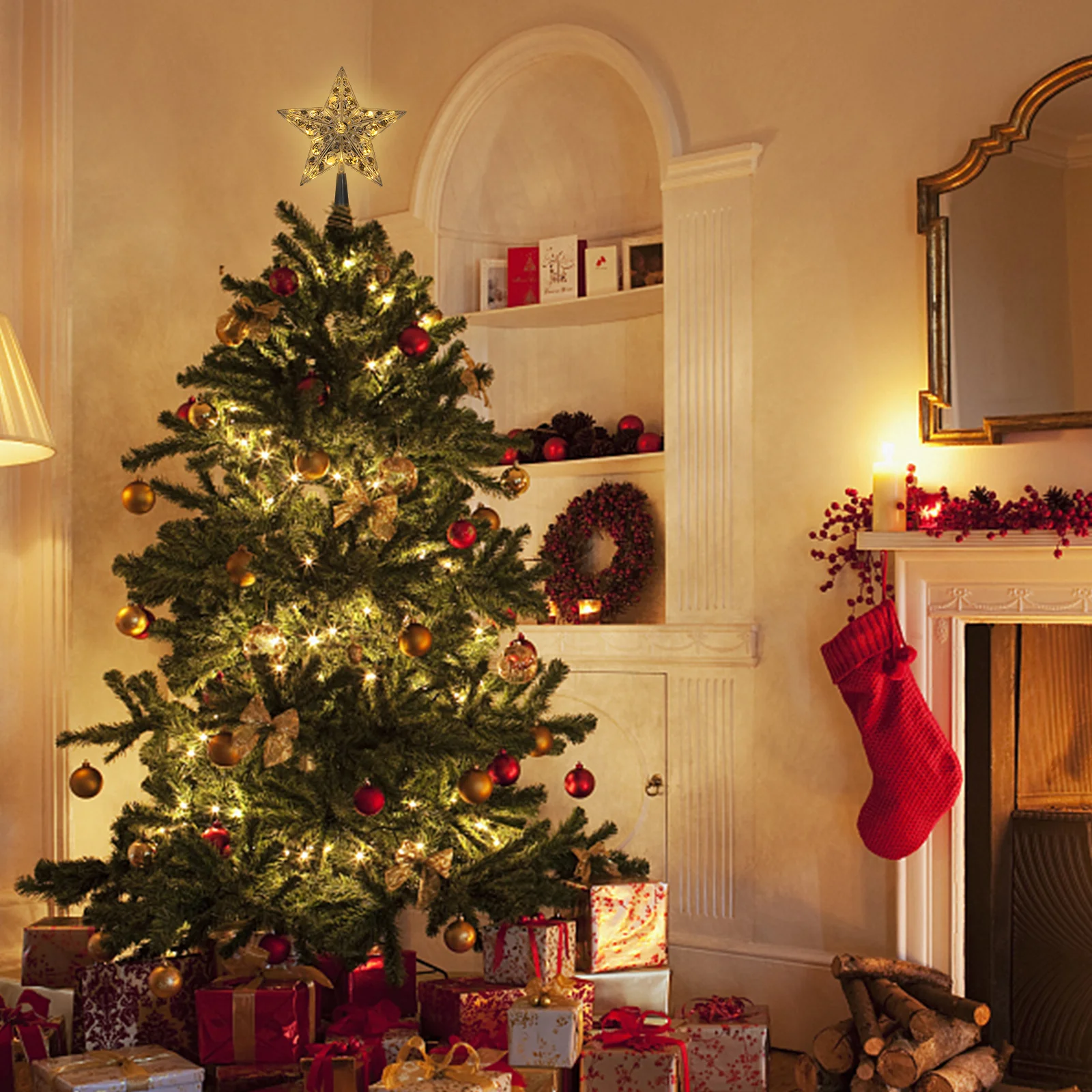 

1pc Christmas Treetop Lamp 5-Pointed Star Led Light Decor For Xmas Tree Decoration Party Festival Ornament Premium