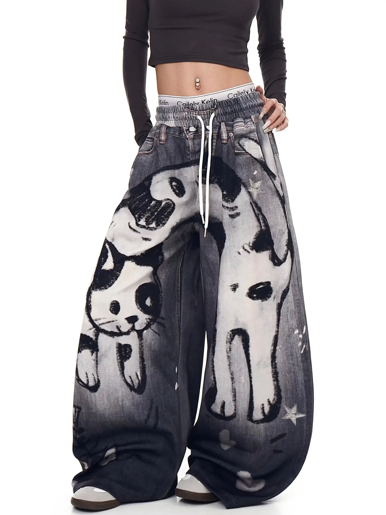 Y2K Spray Painted Jeans Unisex Hand Drawn Graffiti Cartoon Anime High Street Loose Hip Hop Street Pants Style
