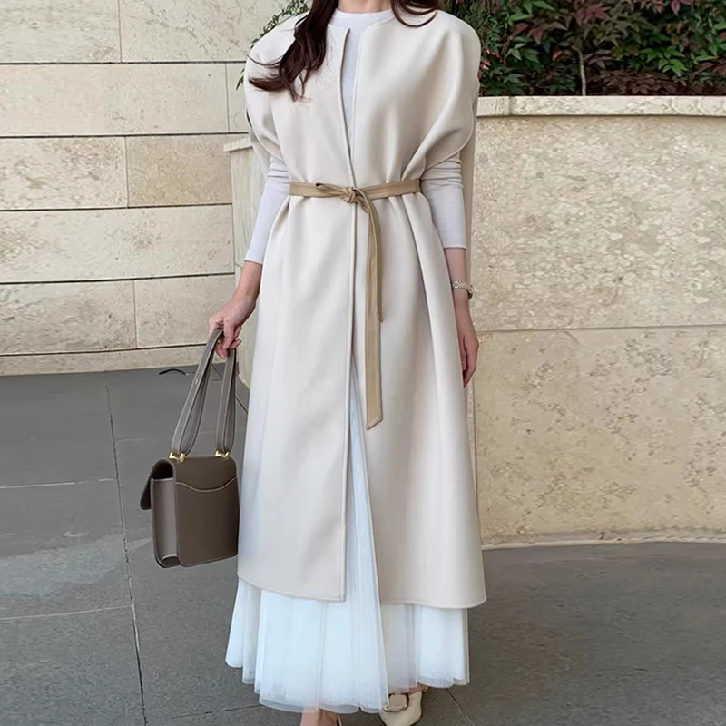

SuperAen Korean Style Winter New O-neck Belt Waist Slim Woolen Vest Coat Woman Solid Color Elegant Long Casual Coats