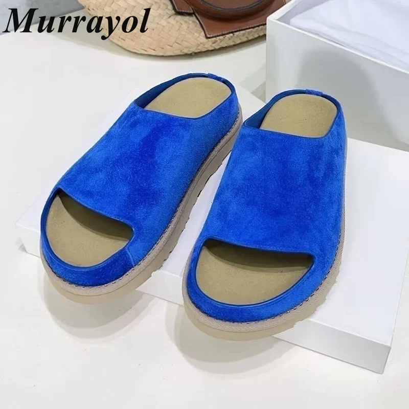 

New Cow Suede Open Toe One Strap Slippers Women Solid Color Thick Bottom Slippers Spring Summer Versatile Outdoor Slides