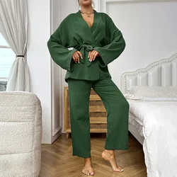 Women's Pajamas Home Clothes Long Sleeve Robe Kimono Pajama Pants Cotton Sleepwear Pj Sets Spring Loungewear Pijama Pyjama Femme