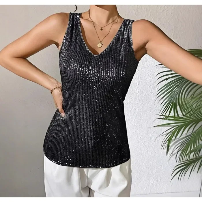 

Sequin Tank Top Women Elegant V Neck Tube Solid Sleeveless Camisole Blouse for 2025 Summer Basic Cami T Shirt Streetwear Vest