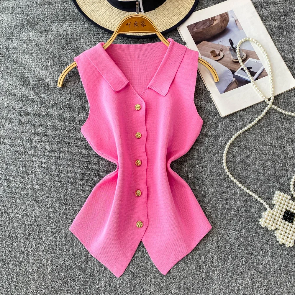 Chaleco frontal con botones dorados para mujer, chaleco de punto ajustado sin mangas con cuello en V y temperamento francés