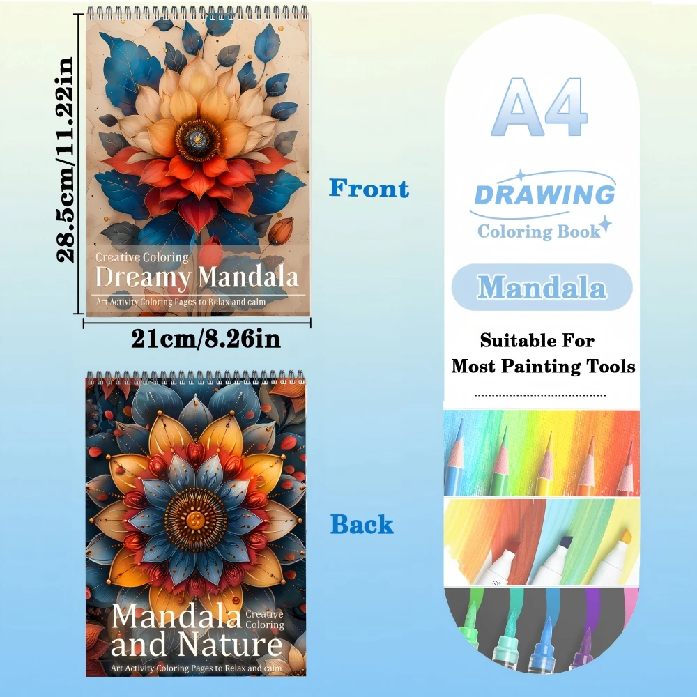 كتاب تلوين ماندالا الزهور للبالغين، مطبوع على جانب واحد، 24 صفحة، فن يدوي الصنع للبالغين لتخفيف القلق والاكتئاب