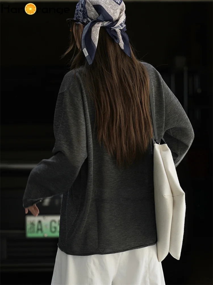 HanOrange 2025 début automne paresseux relaxant col rond tricoté pull femmes Silhouette décontracté haut en tricot gris/violet