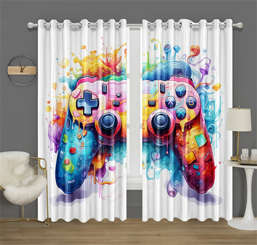 

2 pcs fantastic colorful joystick curtains red blue yellow cartoon elements suitable for children's room bedroom decoration